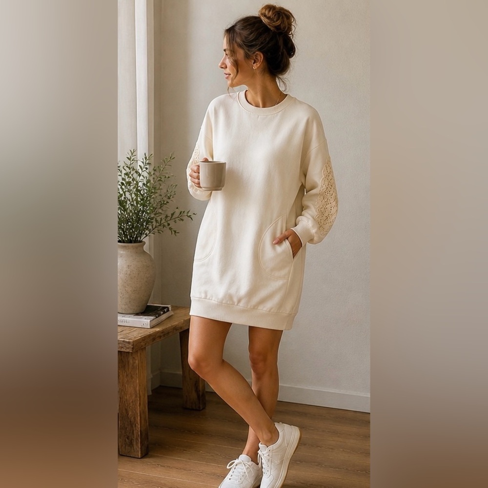 Morina Cream Sweatshirt Dress Size P Crochet Lace Sleeve Oversized Pocket Tunic